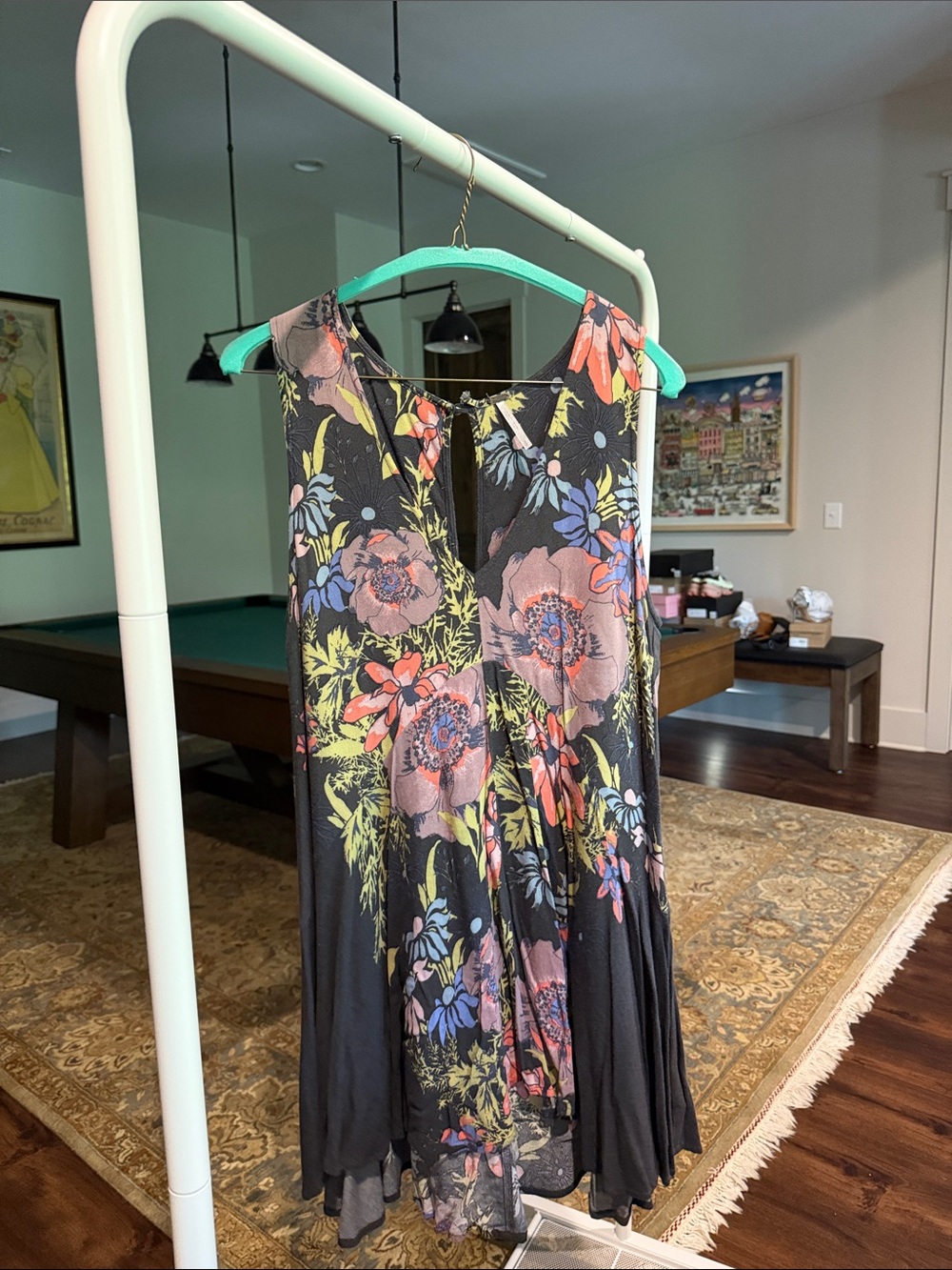 Free People Black Mini Dress with Pink, Green and Blue Floral Print